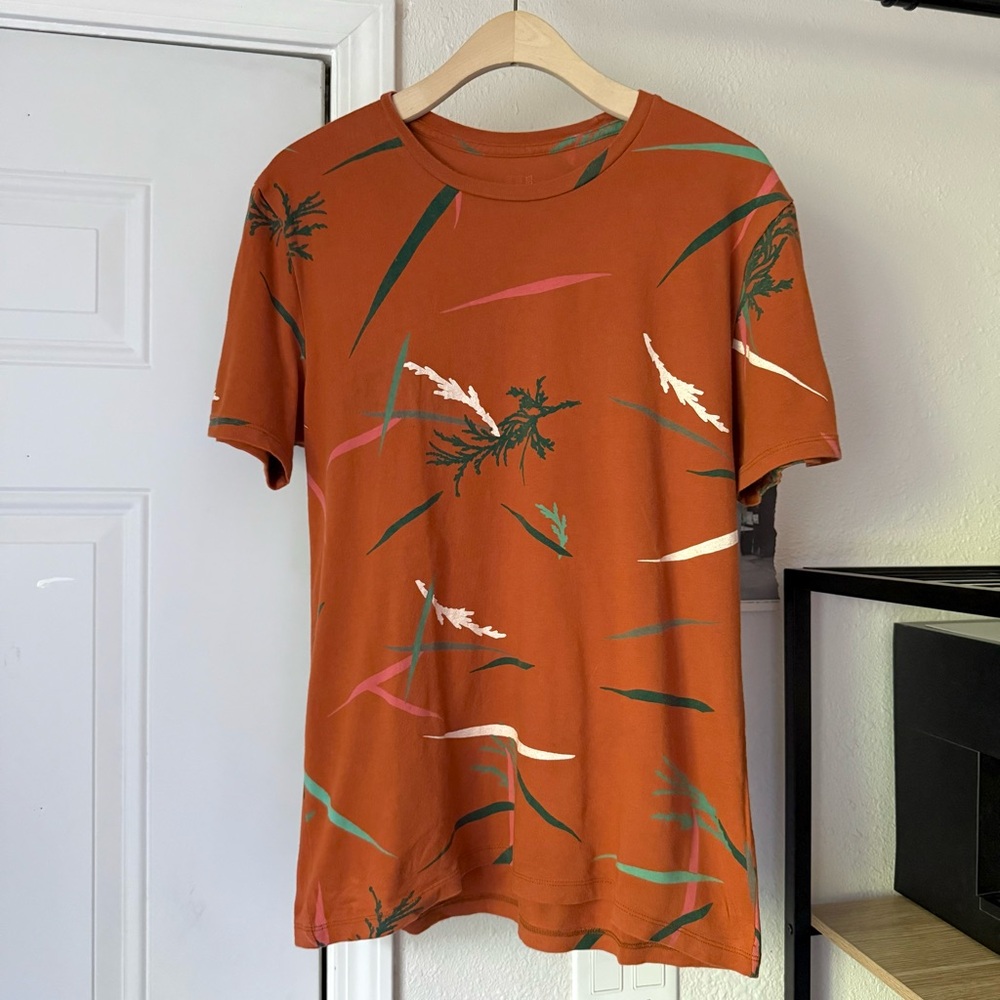 Topo Designs rust orange botanical leaf tropical crew neck cotton tee t-shirt